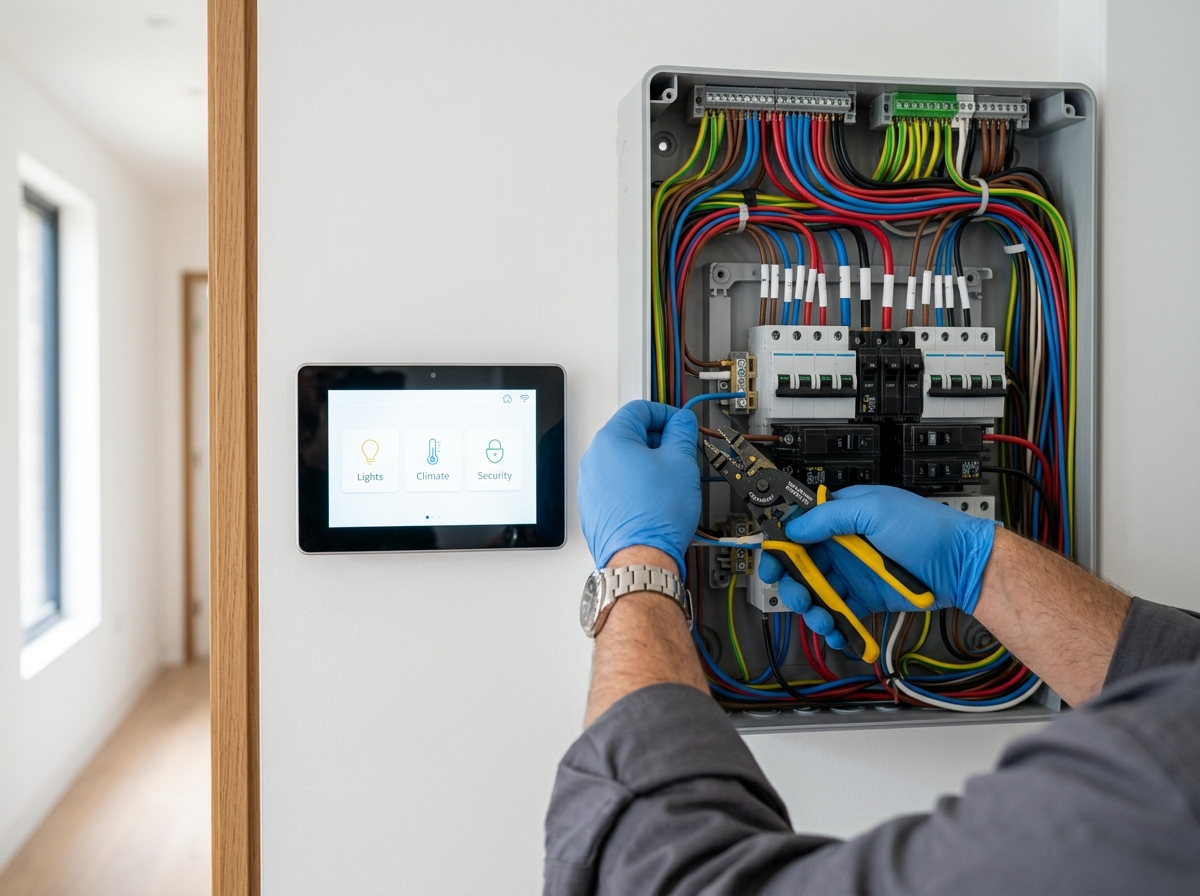 Installation eines modernen Sicherungskastens mit Smart-Home-Steuerung