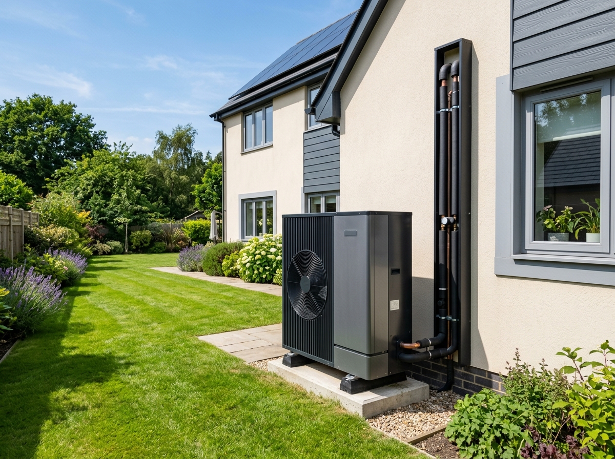 Moderne Wärmepumpe an einem Wohnhaus