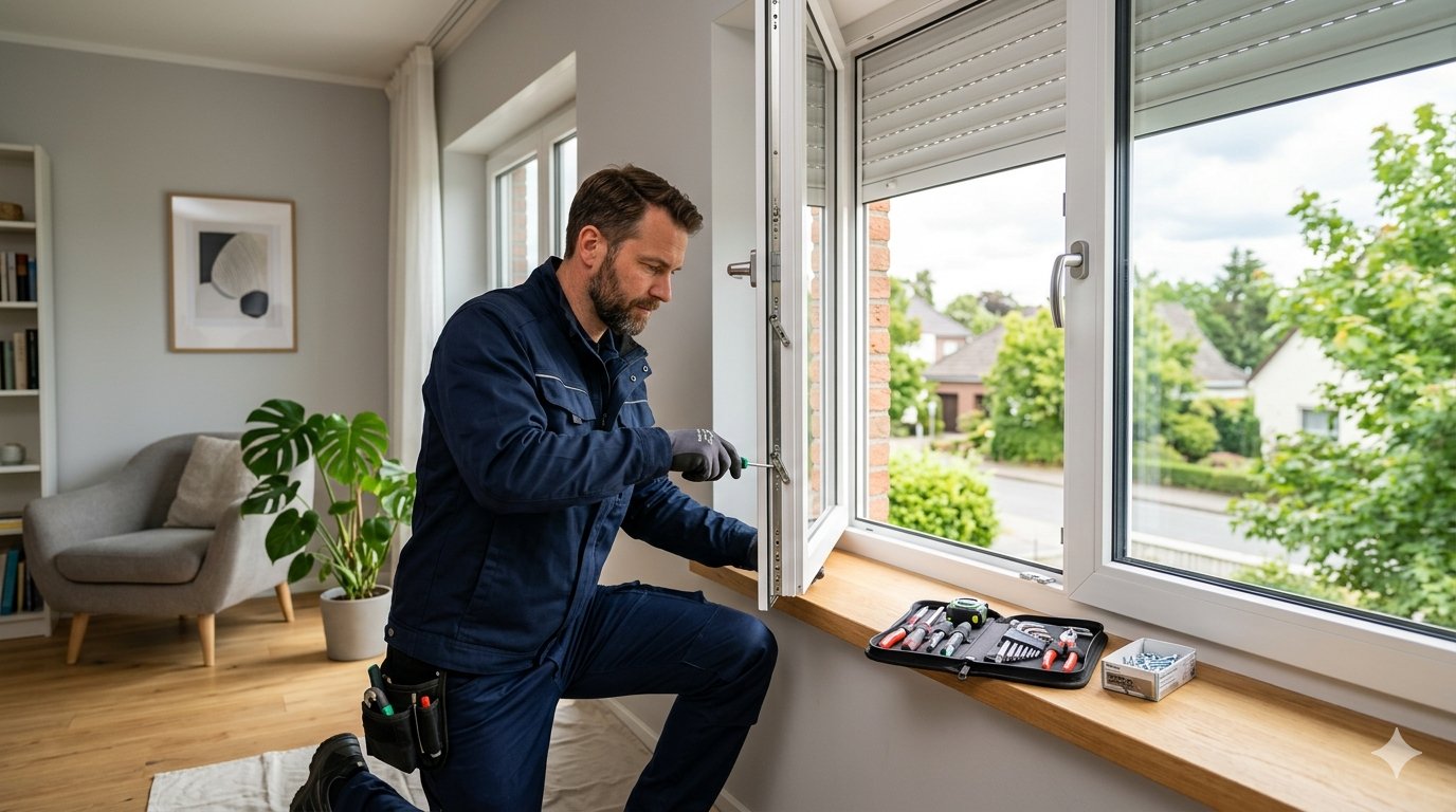 Handwerker repariert ein Holzfenster mit Rollladen an einem Wohnhaus